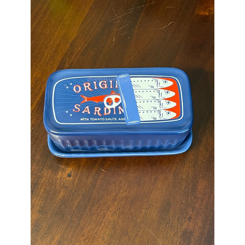 Ceramic Sardine Tin Butter Dish Blue Novelty Whimsical Kitchen Storage
